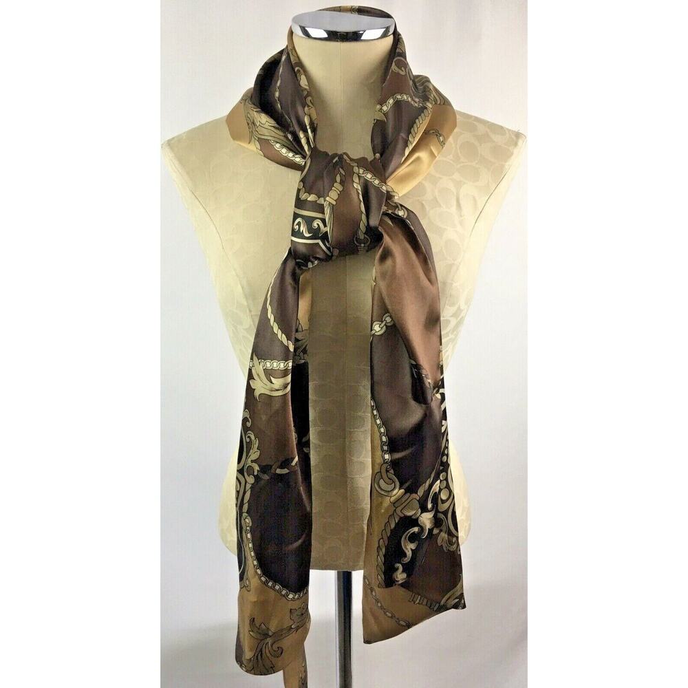 Size 1X Dennis by Dennis Basso Scarf Brown Gold Classic Chain Print Satin